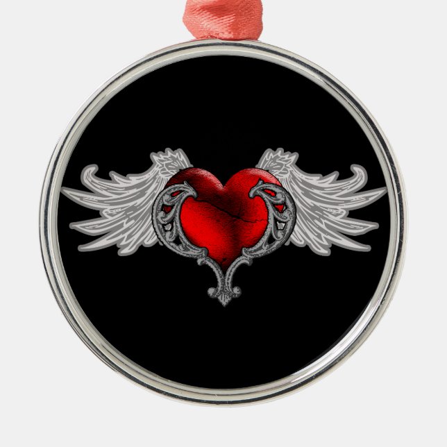 Goth Herz mit Engels-Flügeln Silbernes Ornament (Vorne)