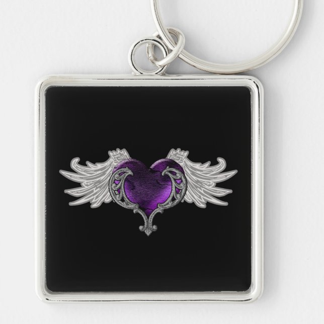 Goth Lila Heart with Angel Wings Schlüsselanhänger (Vorne)