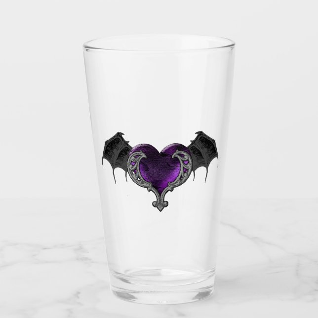 Goth Lila Heart with Bat Wings Glass Cup Glas (Vorderseite)