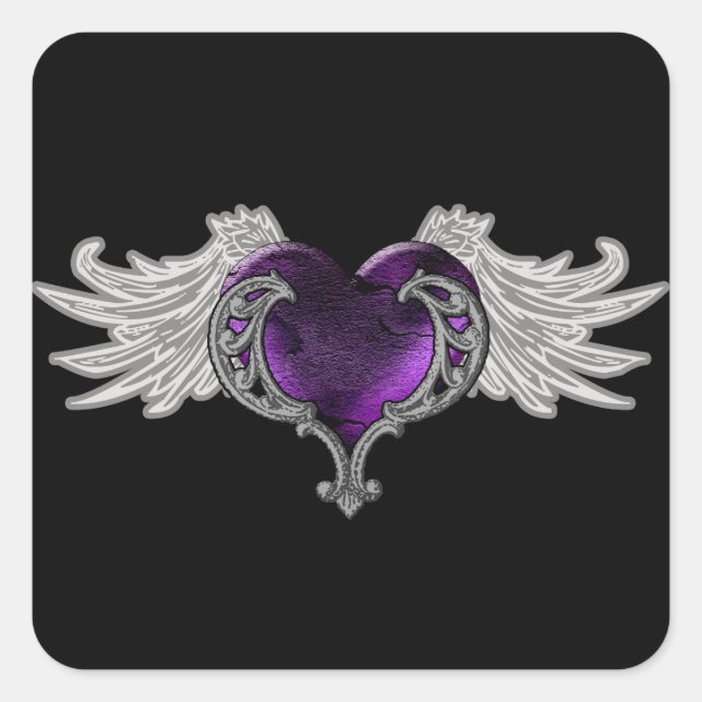 Goth lila Herz mit Engel Wings Aufkleber (Vorderseite)