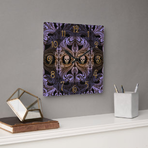 Goth Lila Ornament and Skull Quadratische Wanduhr