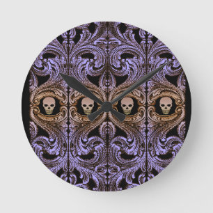 Goth Lila Ornament and Skull Runde Wanduhr