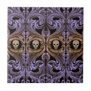 Goth Lila Ornament and Skull Tile Fliese