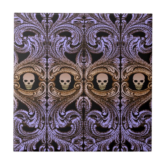 Goth Lila Ornament and Skull Tile Fliese (Vorderseite)