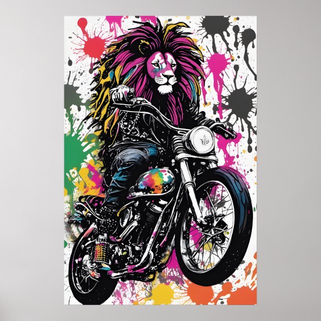 Goth Lion Biker Kunstposter - Dunkles Wandgeschenk Poster (Vorne)