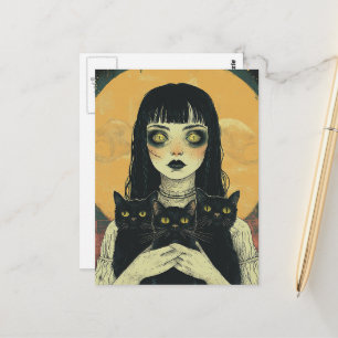 Goth-Mädchen mit drei schwarzen Katzen Postkarte