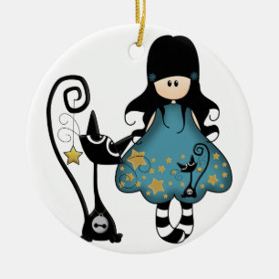 Goth Mädchen mit Katze Keramik Ornament