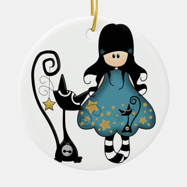 Goth Mädchen mit Katze Keramik Ornament (Vorne)