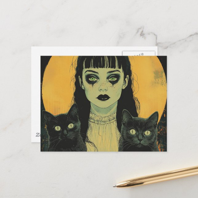 Goth-Mädchen mit zwei schwarzen Katzen Postkarte (Vorderseite/Rückseite Beispiel)
