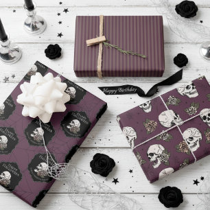 Goth Maroon Lila Skulls und Stripes Halloween Geschenkpapier Set