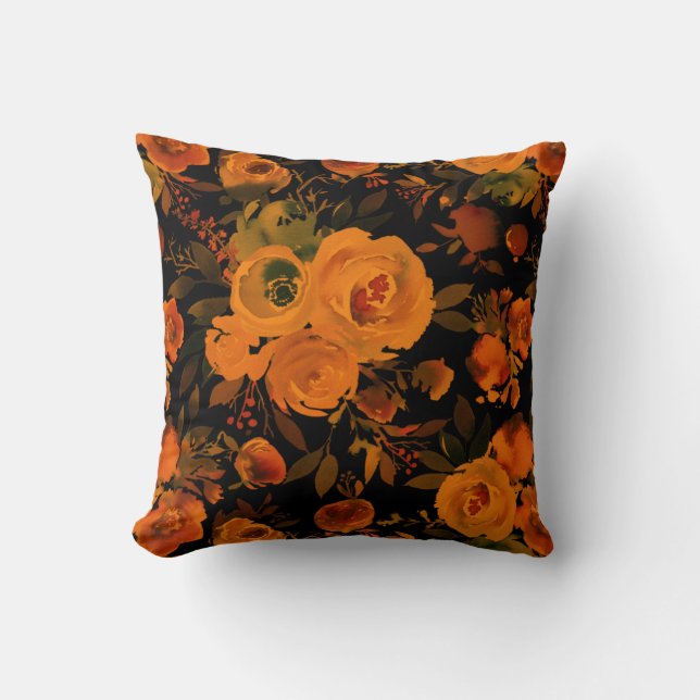 Goth Orange und Black Floral Kissen (Vorderseite)