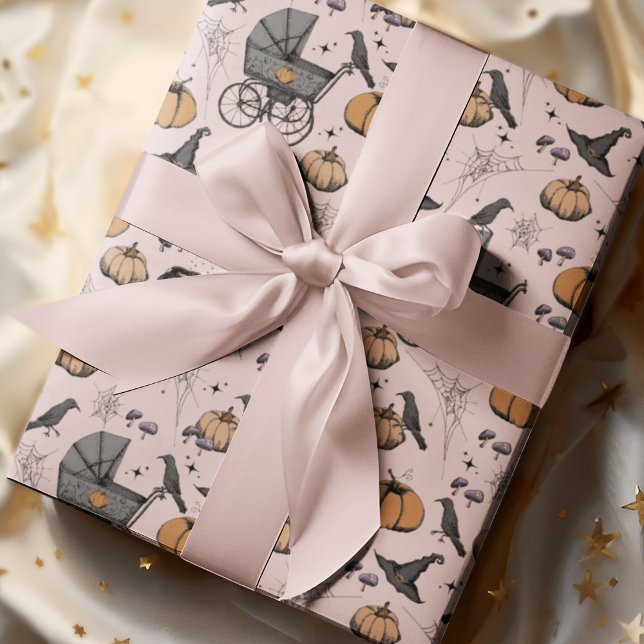 Goth Pink Baby Carriage Halloween Geschenkpapier (Pink Spooky yet Elegant Victorian Baby Carriage Halloween Wrapping Paper. Hand-Drawn in Black Ink.)