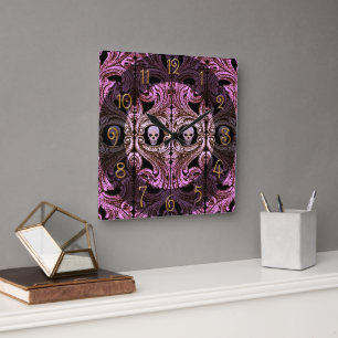 Goth Pink Ornament mit Skull Quadratische Wanduhr