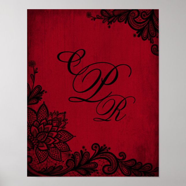 Goth Red Grunge Black Lace Wedding Monogram Poster (Vorne)