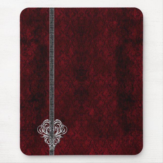 Goth Red Silver Heart Damask Mousepad (Vorne)
