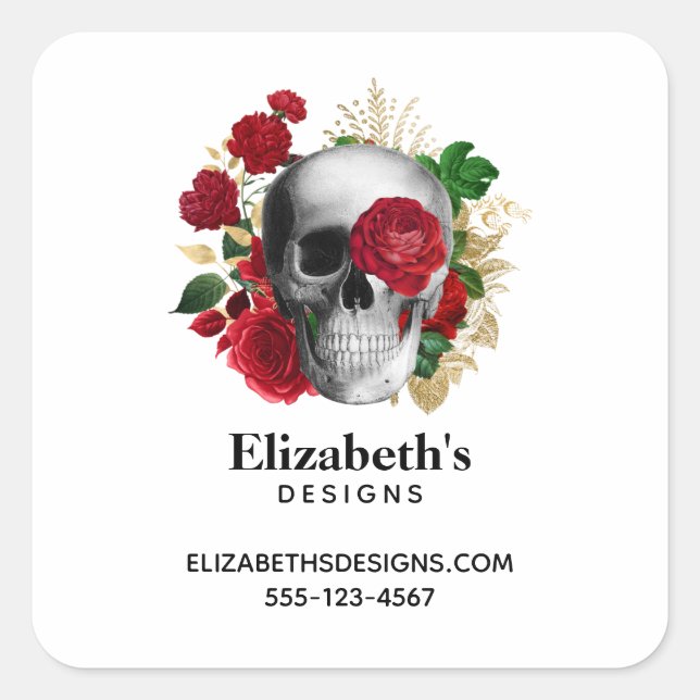 Goth Skull mit Red Blume Business Quadratischer Aufkleber (Vorderseite)