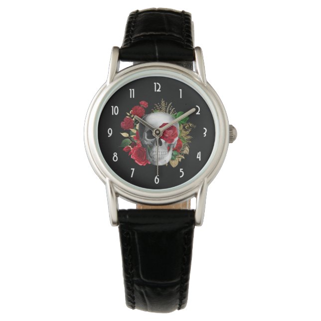 Goth Skull mit Red Blume & Gold Blätter Armbanduhr (Vorderseite)
