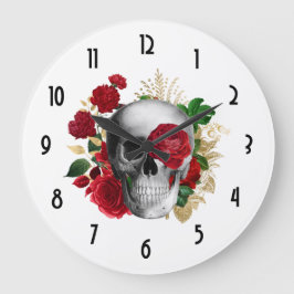 Goth Skull mit Red Blume & Gold Blätter Große Wanduhr