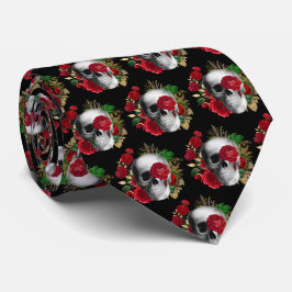 Goth Skull mit Red Blume & Gold Blätter Krawatte