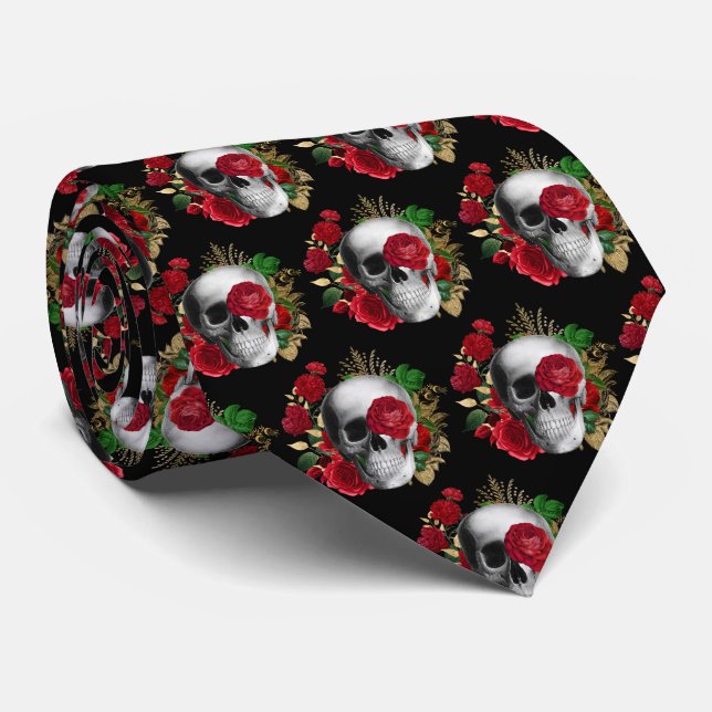 Goth Skull mit Red Blume & Gold Blätter Krawatte (Gerollt)