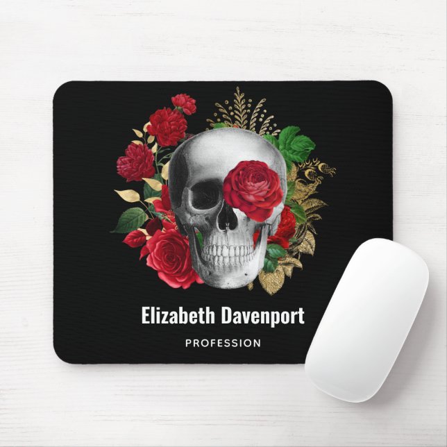 Goth Skull mit Red Blume & Gold Blätter Mousepad (Mit Mouse)
