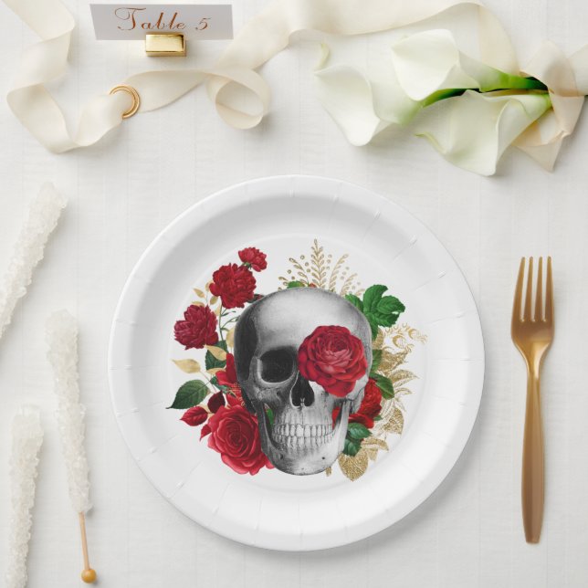 Goth Skull mit Red Blume & Gold Blätter Pappteller (Hochzeit)