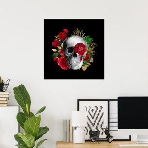 Goth Skull mit Red Blume & Gold Blätter Poster