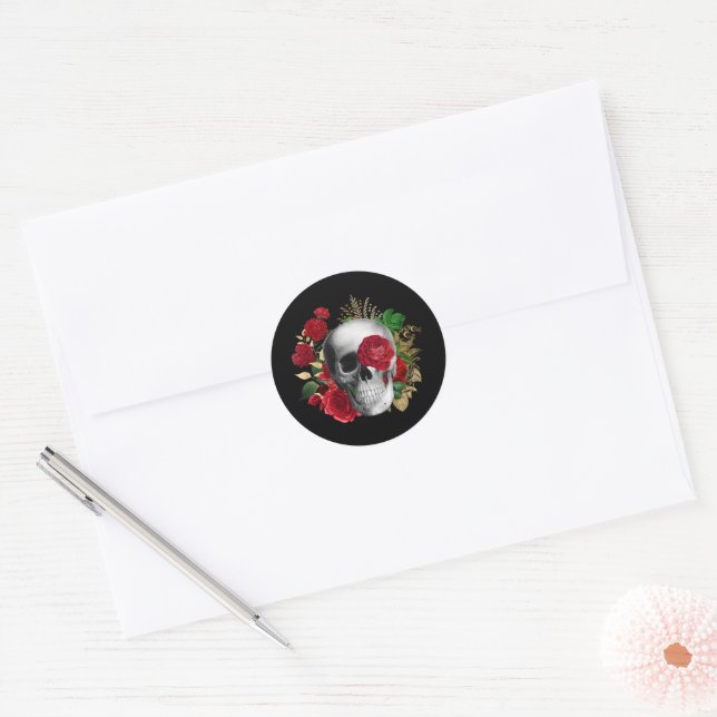 Goth Skull mit Red Blume & Gold Blätter Runder Aufkleber (Umschlag)