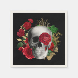 Goth Skull mit Red Blume & Gold Blätter Serviette