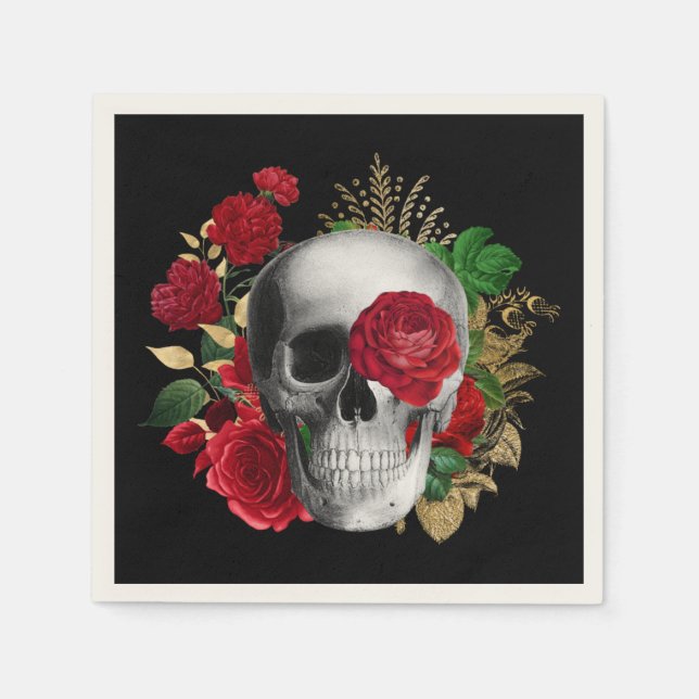 Goth Skull mit Red Blume & Gold Blätter Serviette (Vorderseite)