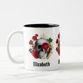 Goth Skull mit Red Blume & Gold Blätter Zweifarbige Tasse