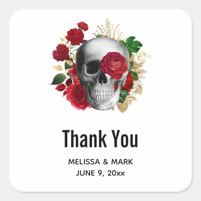 Goth Skull mit Roten Blume Hochzeit Danke Quadratischer Aufkleber (Vorderseite)
