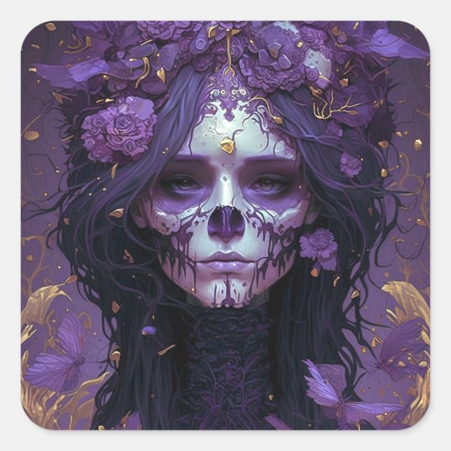Goth Skull Woman Dark Fantasy Art Quadratischer Aufkleber (Vorderseite)