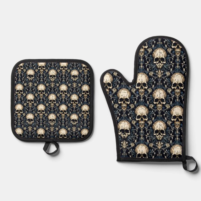 Goth Skulls mit Blauer Blume Ofenhandschuh & Topflappen-Set (Vorderseite)