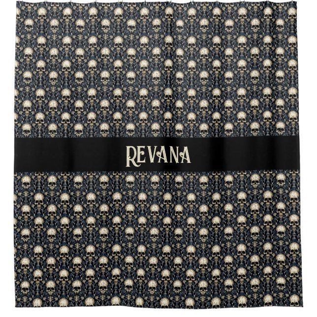 Goth Skulls und Blue Floral Duschvorhang (Vorderseite)