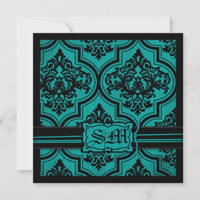 Goth Turquoise Black Mariage damassé Invitations (Devant)