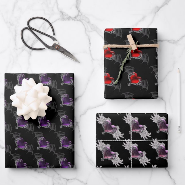 Goth Valentine Winged Hearts Geschenkpapier Set (Vorderseite)