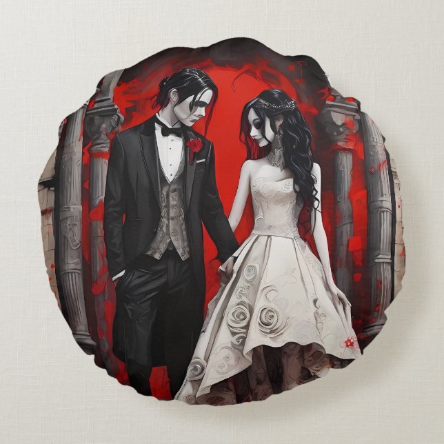 Goth Wedding Couple Rundes Kissen (Rückseite)