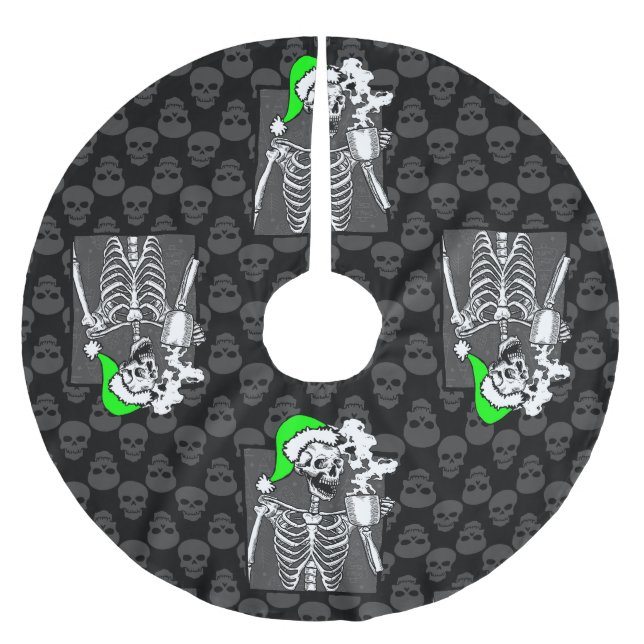 Gotheißskelett mit schwarzem Weihnachtskaffee Polyester Weihnachtsbaumdecke (Vorderseite)