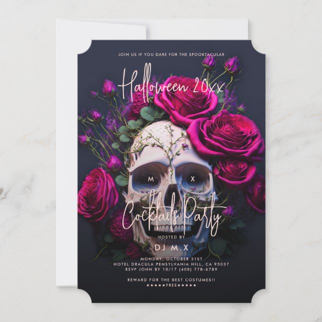 Gothic Adult Halloween-Party Skull Rote Rosen Einladung (Vorderseite)