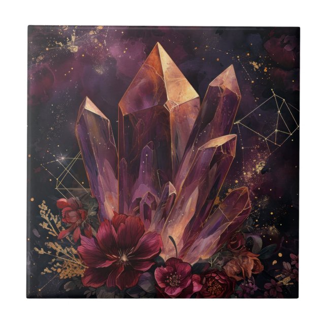 Gothic Amethyst Blumen Galaxy Muster Fliese (Vorderseite)