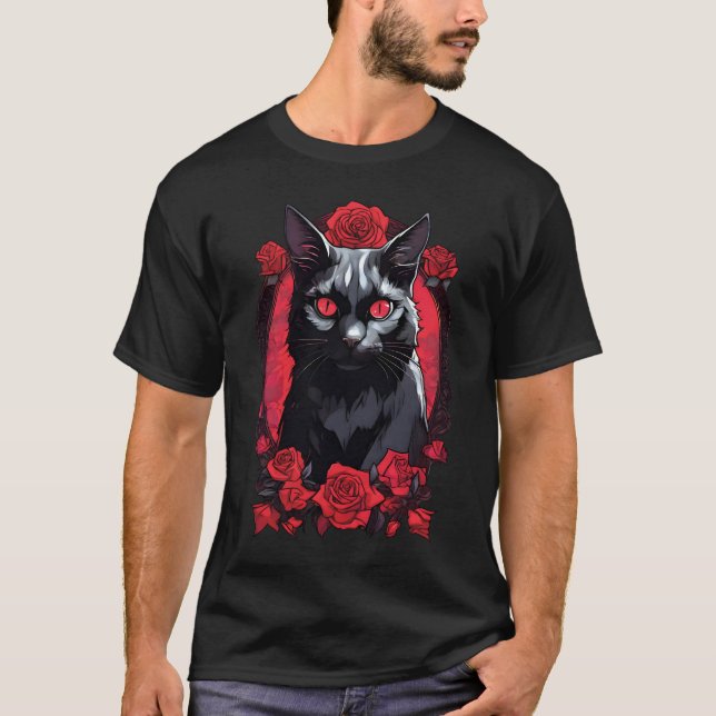 Gothic Animal Portrait | Schwarze Katze T-Shirt (Vorderseite)