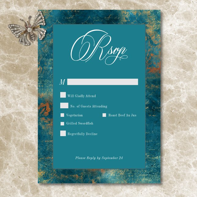 Gothic Antique Aquamarin Gold Damask Hochzeit RSVP Karte (Gothic Antique Teal Gold Damask Wedding RSVP Card)