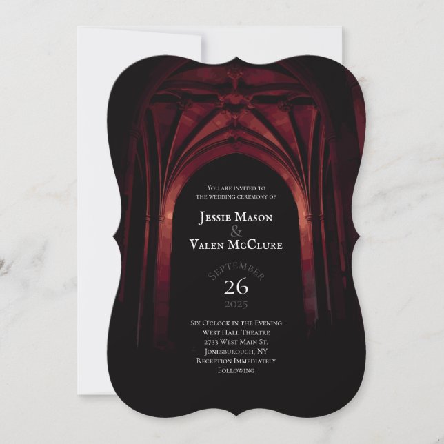 Gothic Arch Elegant Hochzeit Dunkelschwarz Rot Einladung (Vorderseite)