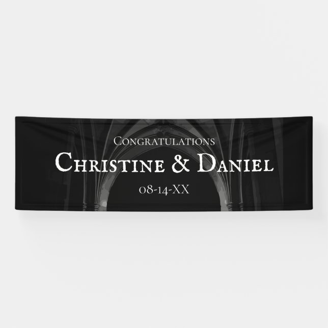 Gothic Arch Elegante Hochzeit Dunkelschwarz & Weiß Banner (Horizontal)
