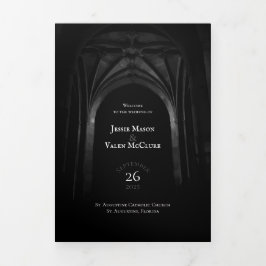 Gothic Arch Elegante Hochzeit Dunkelschwarz & Weiß Dreifach-gefaltete Programmkarte