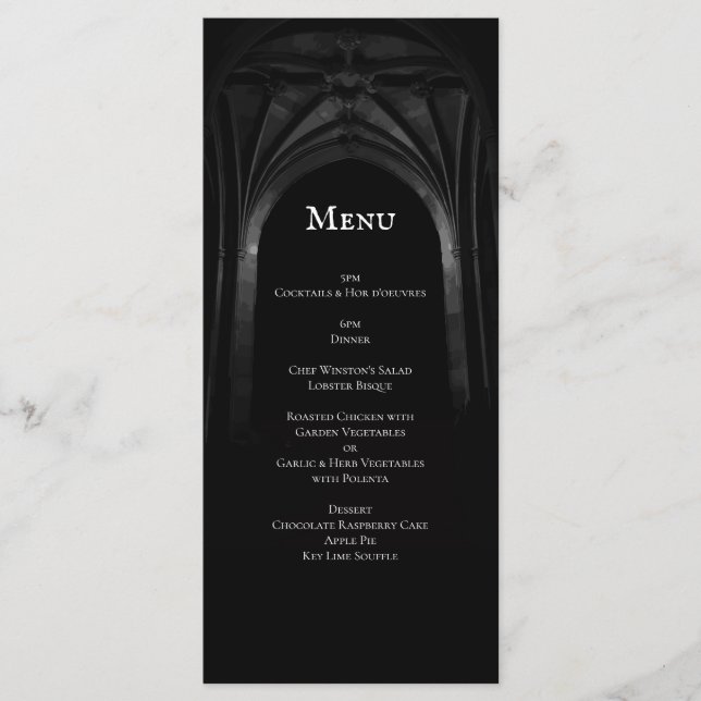 Gothic Arch Elegante Hochzeit Dunkelschwarz & Weiß Menükarte (Vorderseite)