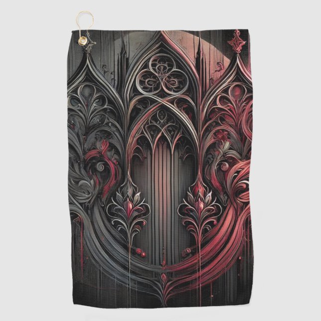 Gothic Arched Design Golf Handtuch - Rot und Schwa (Vorderseite)