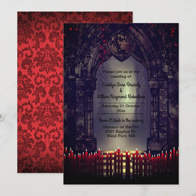 Gothic Archway mit Red Candles Wedding Einladung (Vorne/Hinten)