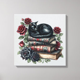 Gothic Art Black Cat Antique Bücher Crimson Rose Leinwanddruck